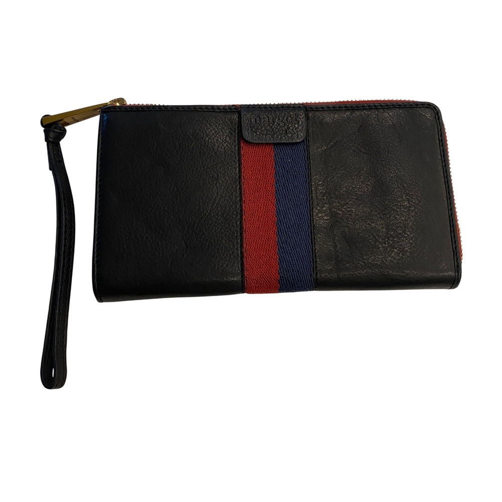 Margot New York Black Leather Wristlet Wallet Red Blue Stripe Gold Hardware EUC